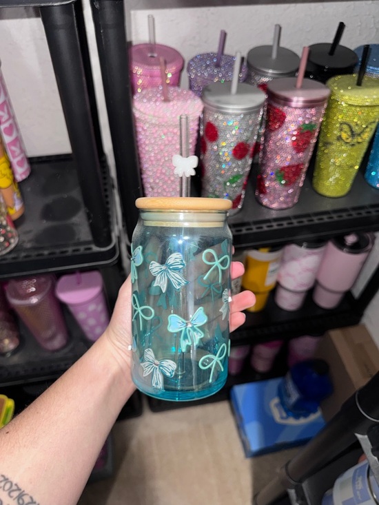 Other - Aqua Glass Mason Jar Tumbler with Bow Design and Bamboo Lid